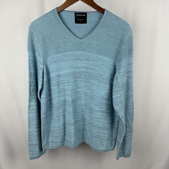 Calvin Klein Jeans Women's Sweater S Tight Knit Pullover Long Sleeve V Neck Blue - Picture 2 of 7